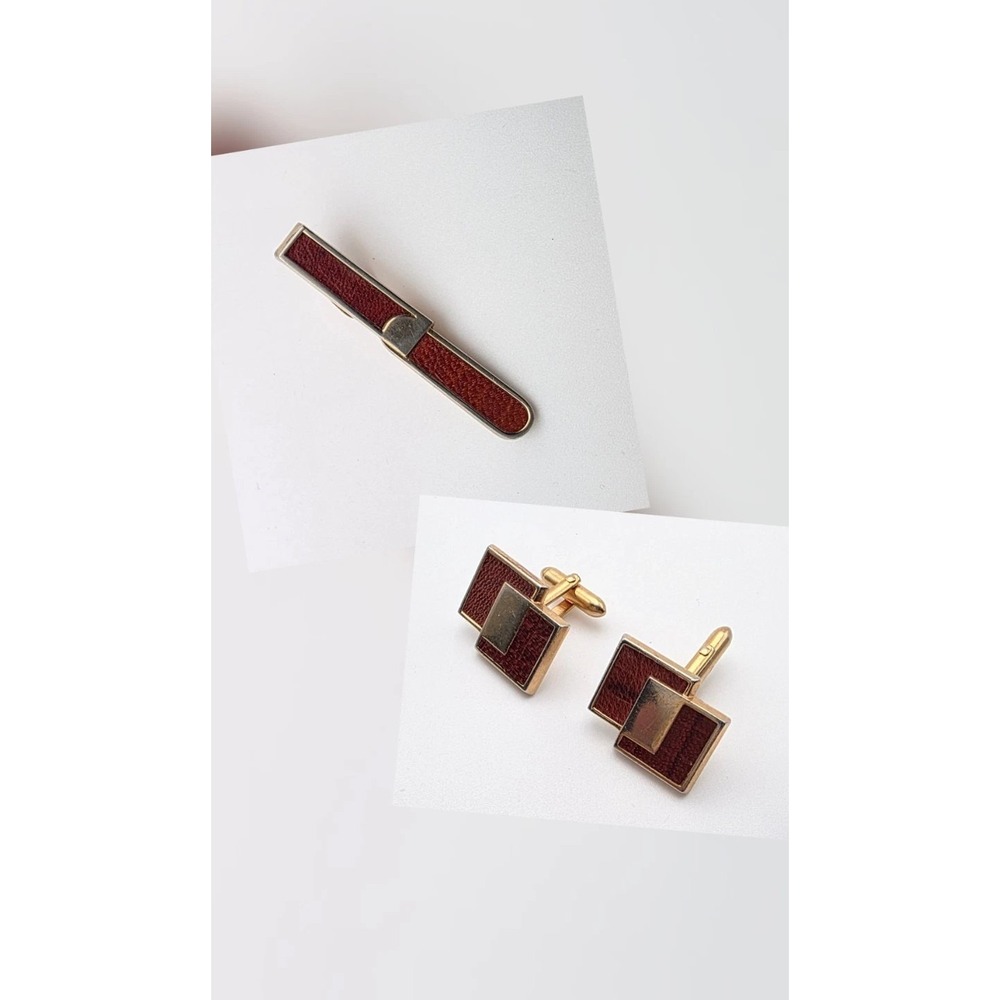 Vintage SWANK CuffLinks‎ & Tir Clip Bar Set 1950s Brown Leather Inlayed in Brass